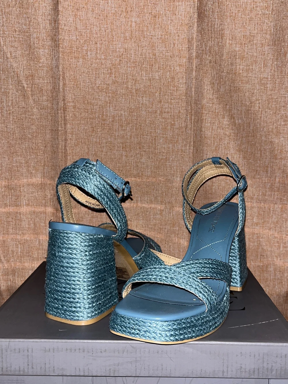 Womens Teal Woven Platform Sandals with Ankle Strap